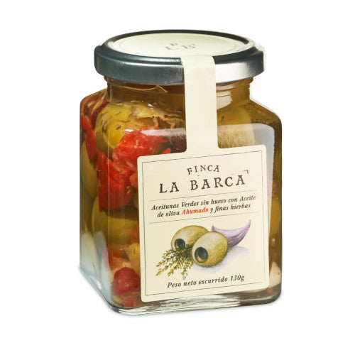 Finca La Barca - entsteinte Gordal-Oliven mit feinen Kräutern in geräuchertem Olivenöl 130g